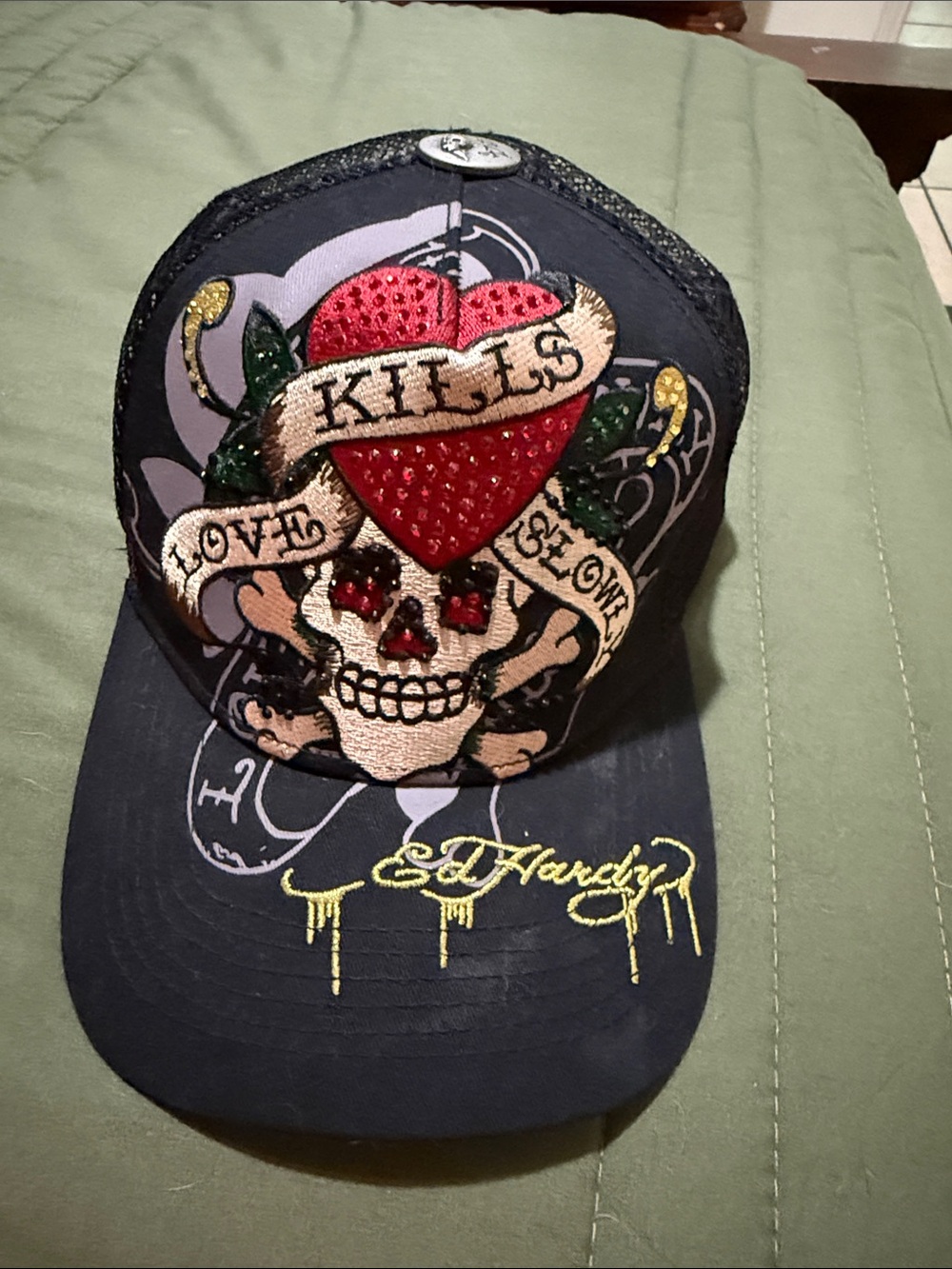 Ed Hardy Black Trucker Hat with Red Heart & Gold Embroidery